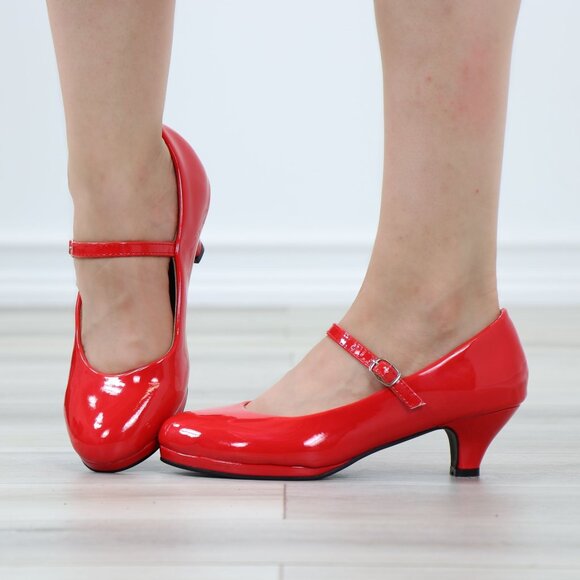 Red Patent Rockabilly Vintage Style Round Toe Kitten Low Heel Shoes - Picture 11 of 12